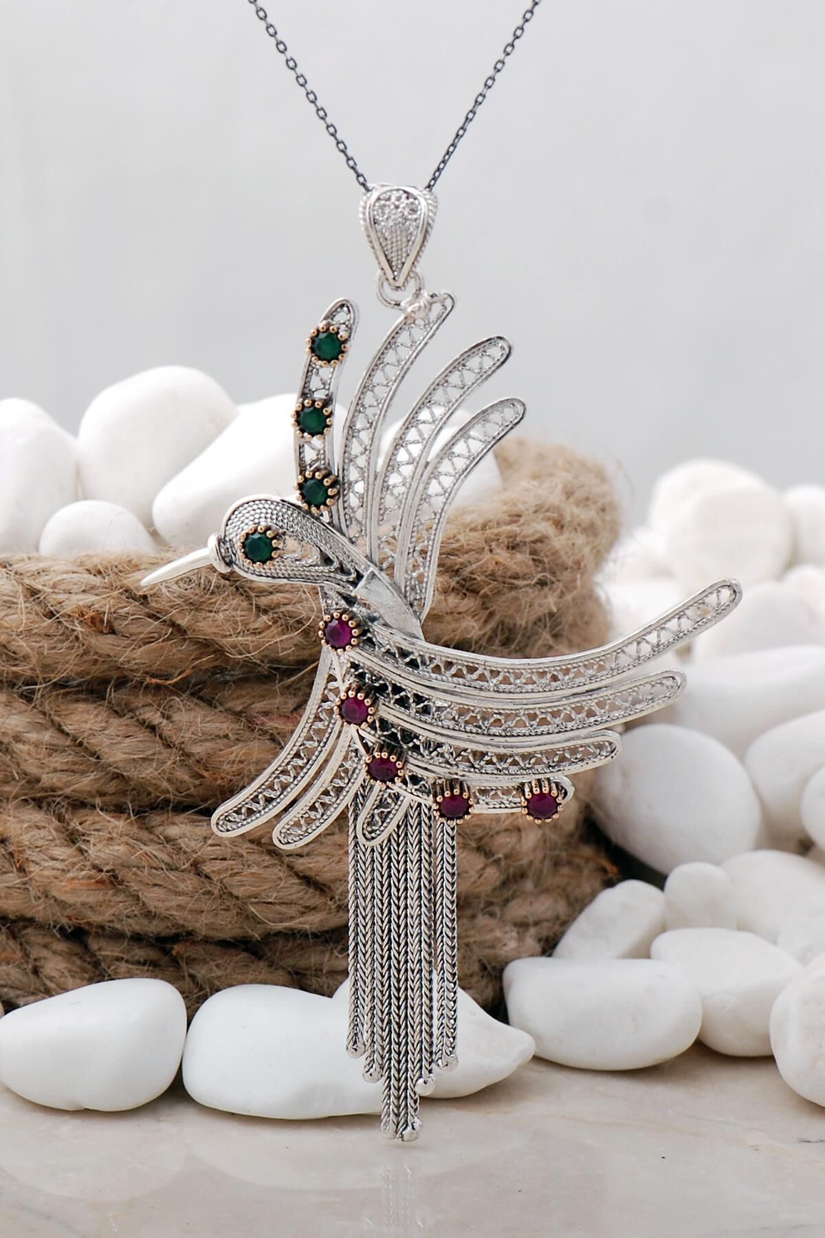 Anka Kuşu Kök Zümrüt ve Yakut Taşlı Telkari Elişi Gümüş Kolye 7455