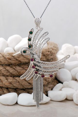 Anka Kuşu Kök Zümrüt ve Yakut Taşlı Telkari Elişi Gümüş Kolye 7455