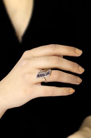 Safir Taşlı Telkari İşlemeli  Gümüş Yüzük 2509