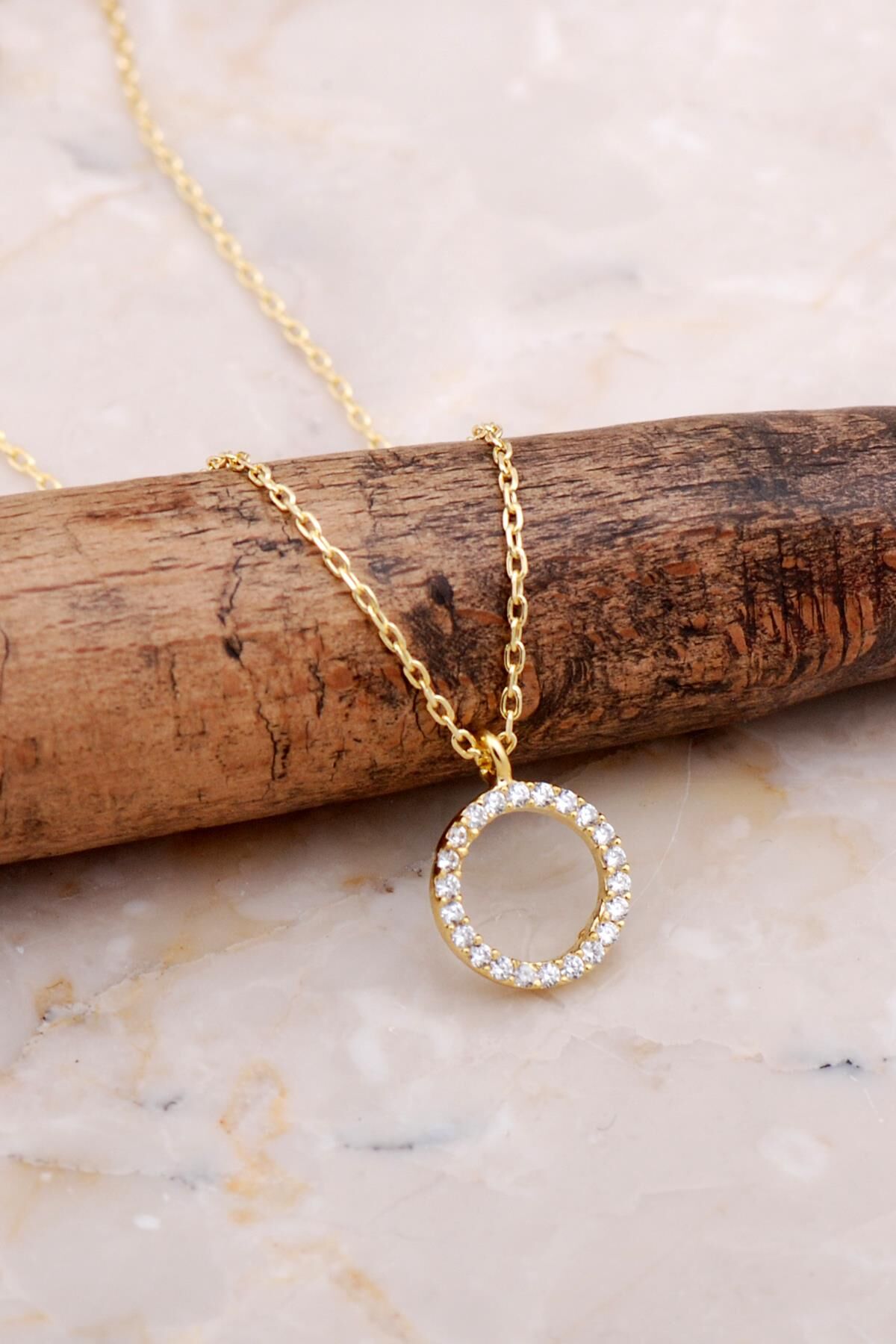 Halka Tamtur Zirkon Taşlı Altın Kaplama Gümüş Kolye 7839