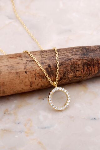 Halka Tamtur Zirkon Taşlı Altın Kaplama Gümüş Kolye 7839