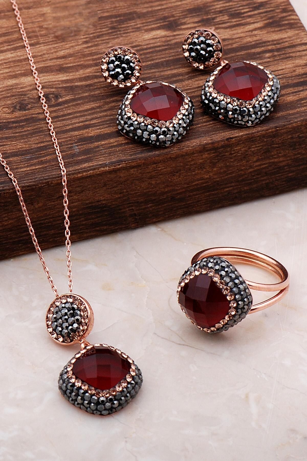 Lal Taşlı Rose Gümüş Set 2065