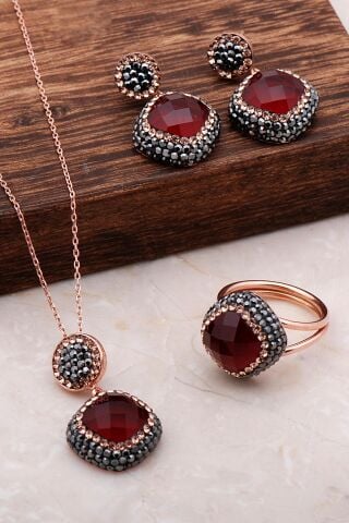 Lal Taşlı Rose Gümüş Set 2065