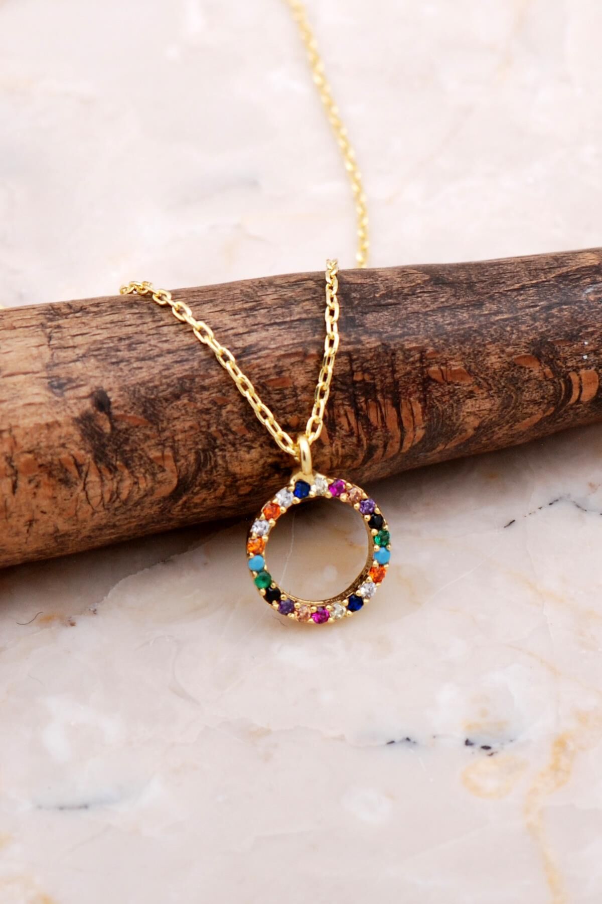 Halka Tamtur Mix Taşlı Altın Kaplama Gümüş Kolye 7840