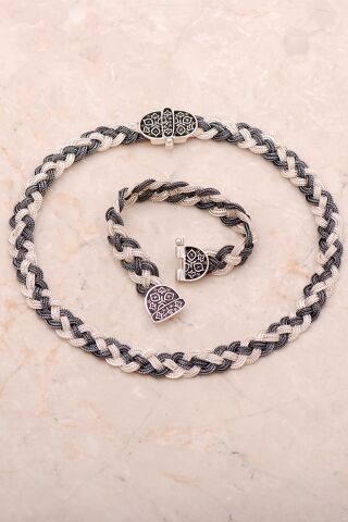 Midyat Hasır Örgü Anadolu Motifli 925 Ayar Gümüş Set 2720