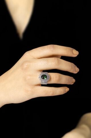 Yeşim Taşlı Telkari İşlemeli Gümüş Yüzük 2510