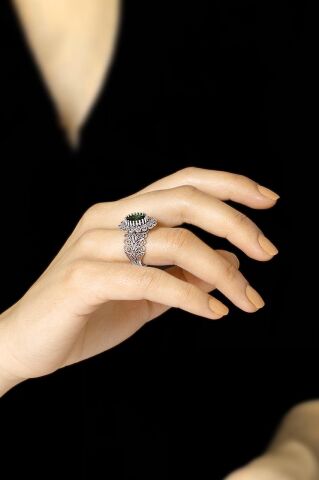 Yeşim Taşlı Telkari İşlemeli Gümüş Yüzük 2510