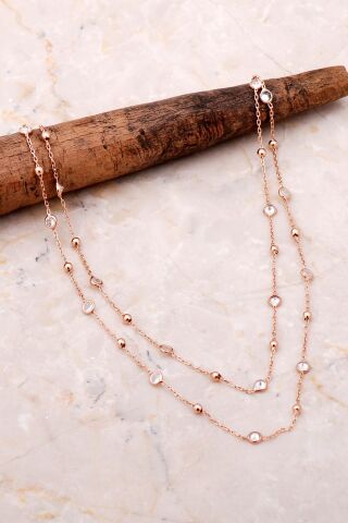 Dorika Sıra Taşlı Rose 925 Ayar Gümüş 65 Cm Kolye 7076