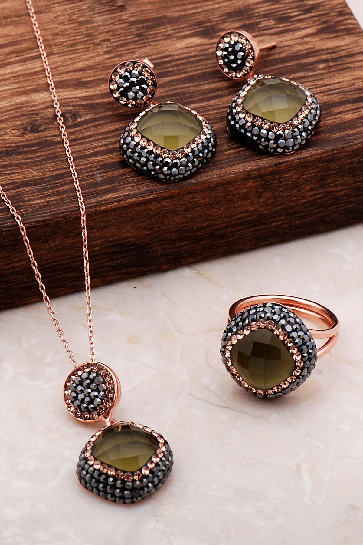 Dumanlı Kuvars Rose Gümüş Set 2070