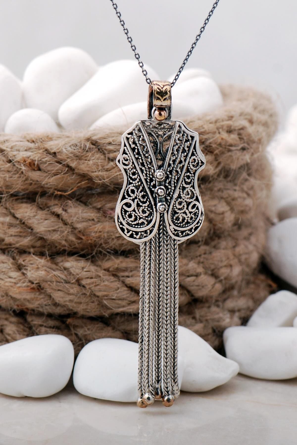 Püsküllü Kaftan Telkari Elişi Gümüş Kolye 7458
