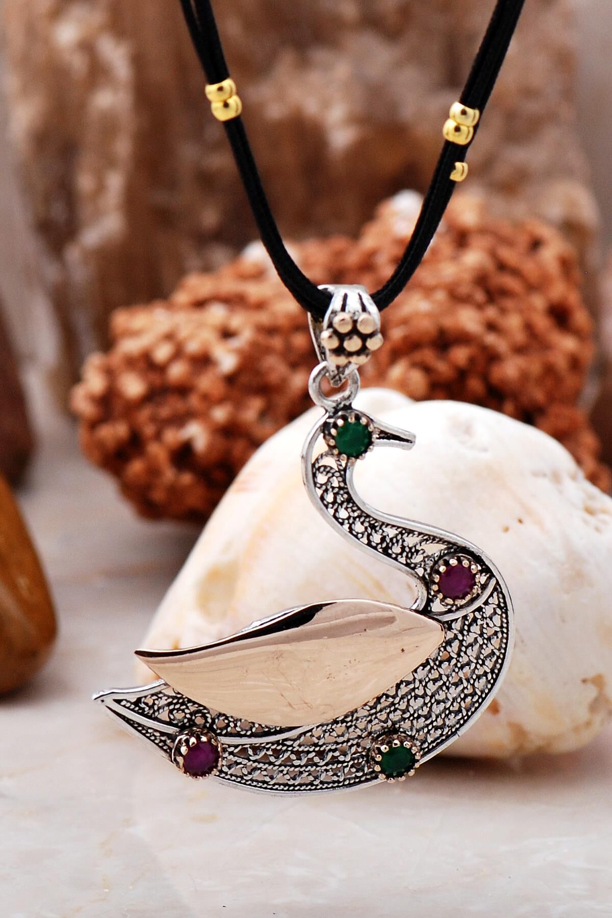 Telkari İşlemeli Kuğu Tasarımlı Gümüş Kolye 955