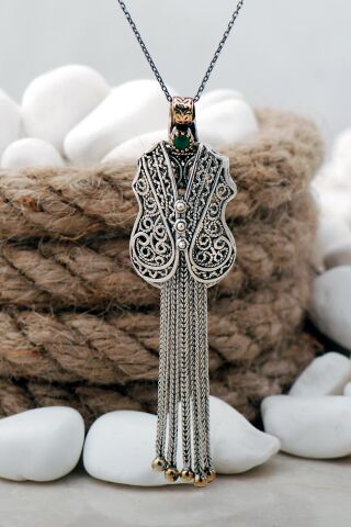 Püsküllü Kaftan Telkari Elişi Kök Zümrüt Taşlı Gümüş Kolye 7458