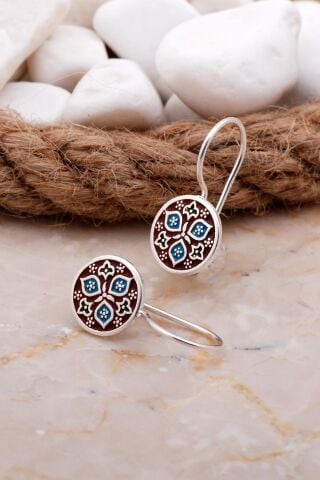 Anadolu Motifli Mineli Elişi Gümüş Küpe 5922