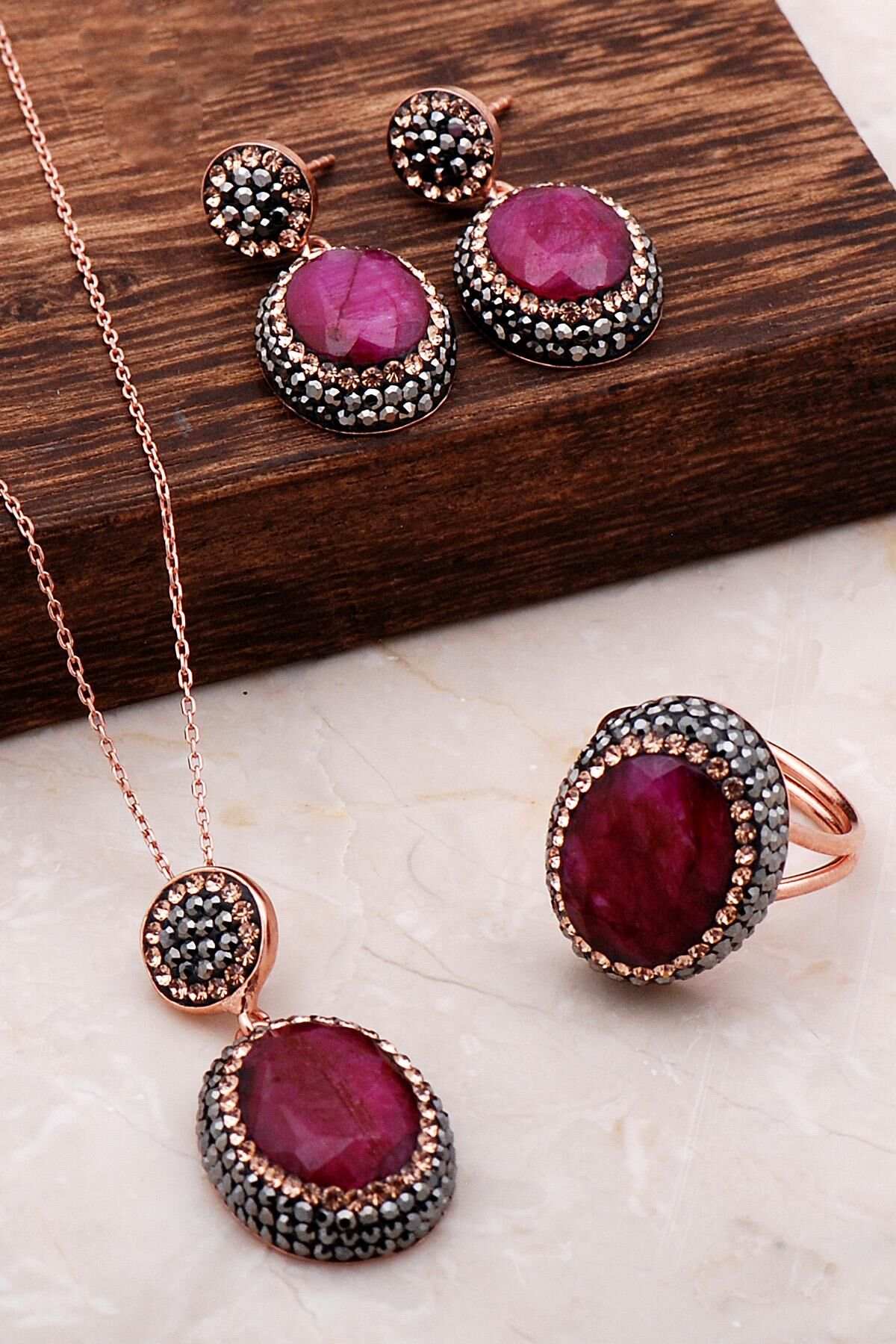 Kök Yakut Taşlı Rose Gümüş Set 2073