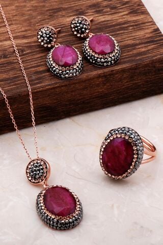 Kök Yakut Taşlı Rose Gümüş Set 2073