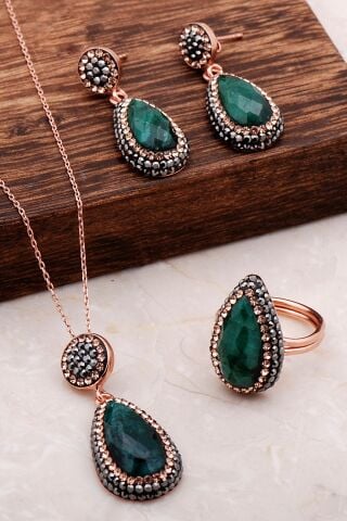 Kök Zümrüt Taşlı Damla Rose Gümüş Set 2074