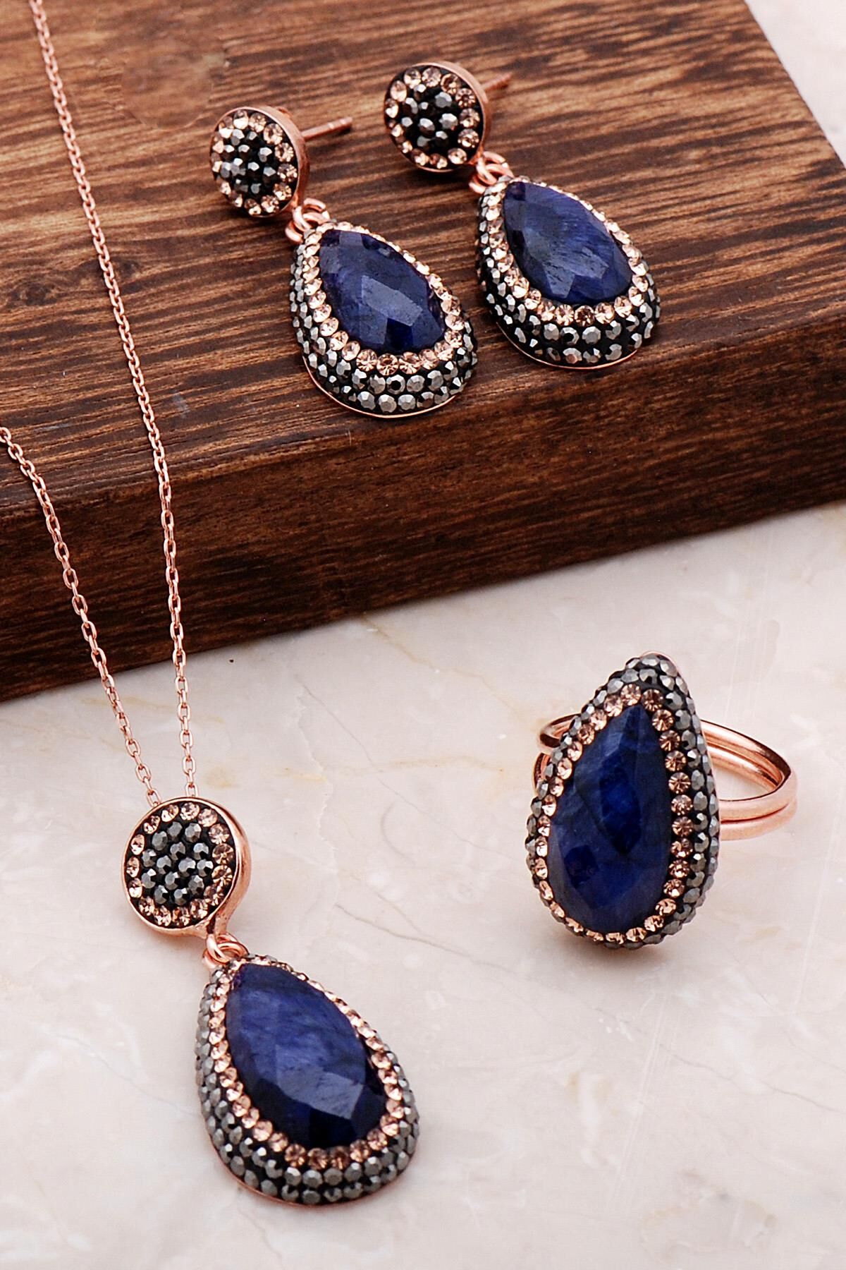 Safir Taşlı Damla Rose Gümüş Set 2075