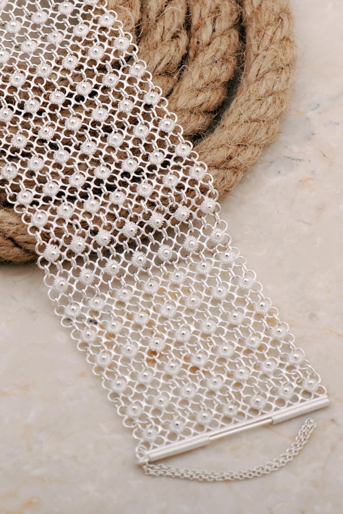 Telkari İşlemeli Elişi Midyat Akıtma 7 Sıra Gümüş Bileklik 4687