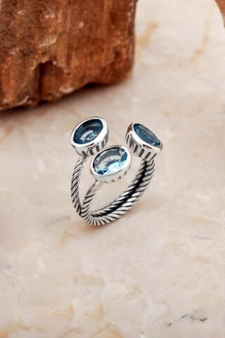 Akuamarin Taşlı El Sarması Üç Başlı Gümüş Yüzük 5821