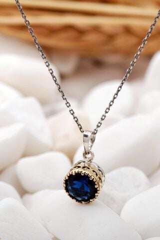 Safir Taşlı Elişi Gümüş Kolye 6809