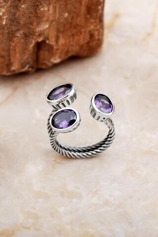 Ametist Taşlı El Sarması Üç Başlı Gümüş Yüzük 5822