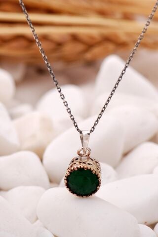 Kök Zümrüt Taşlı Elişi Gümüş Kolye 6810