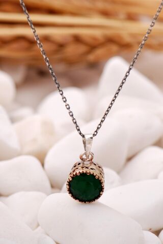 Kök Zümrüt Taşlı Elişi Gümüş Kolye 6810