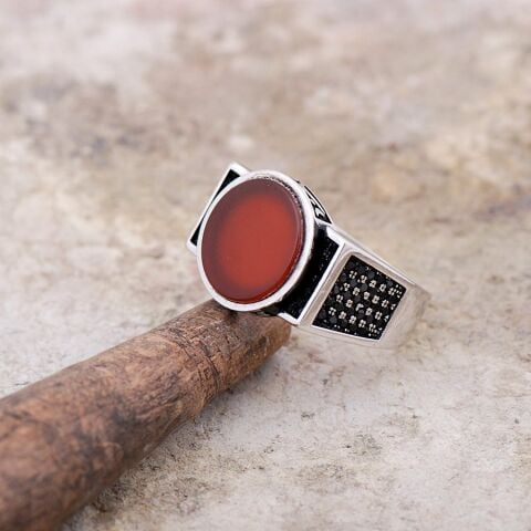 Akik Taşlı Tasarım Gümüş Erkek Yüzük 1528