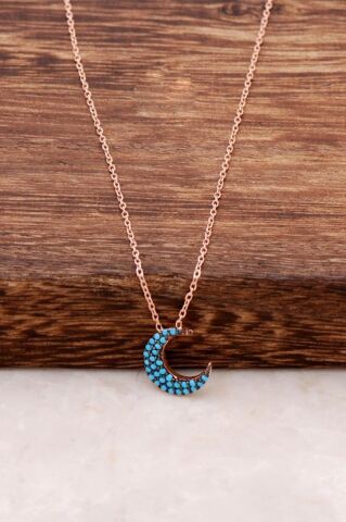 Turkuaz Taşlı Hilal Rose Gümüş Kolye 1102