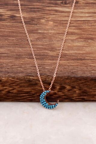 Turkuaz Taşlı Hilal Rose Gümüş Kolye 1102