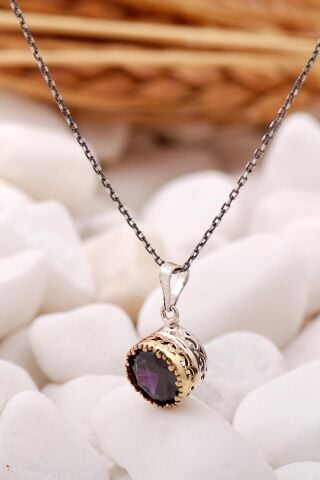 Ametist Taşlı Elişi Gümüş Kolye 6812