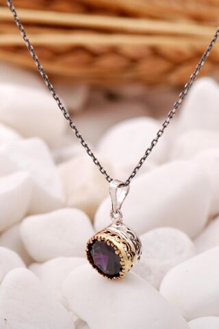 Ametist Taşlı Elişi Gümüş Kolye 6812