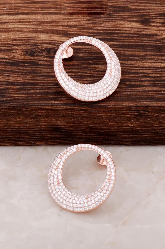 Rose Gümüş Tamtur Taşlı Halka Küpe 4310