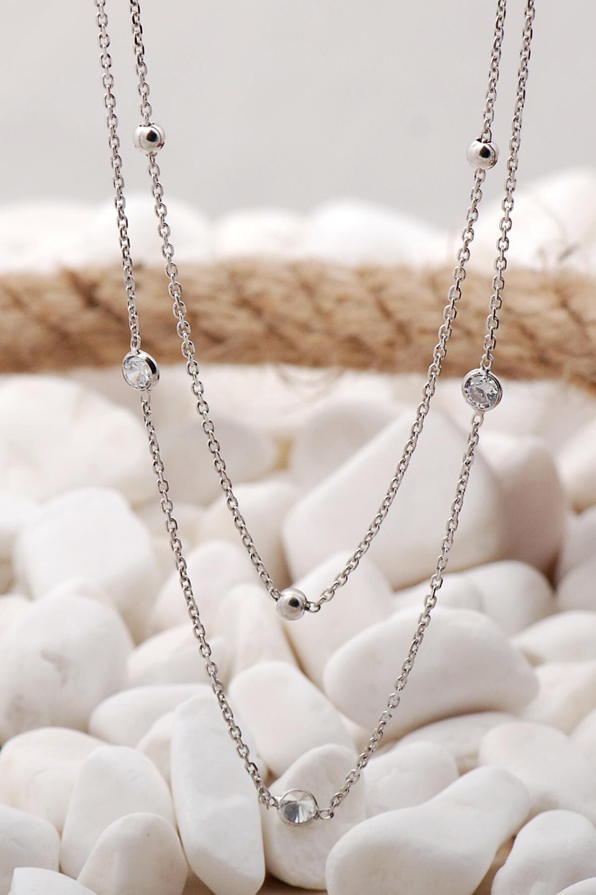 Taşlı Tasarım İkili Rodyumlu Gümüş Kolye 7466