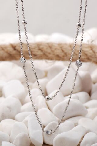 Taşlı Tasarım İkili Rodyumlu Gümüş Kolye 7466