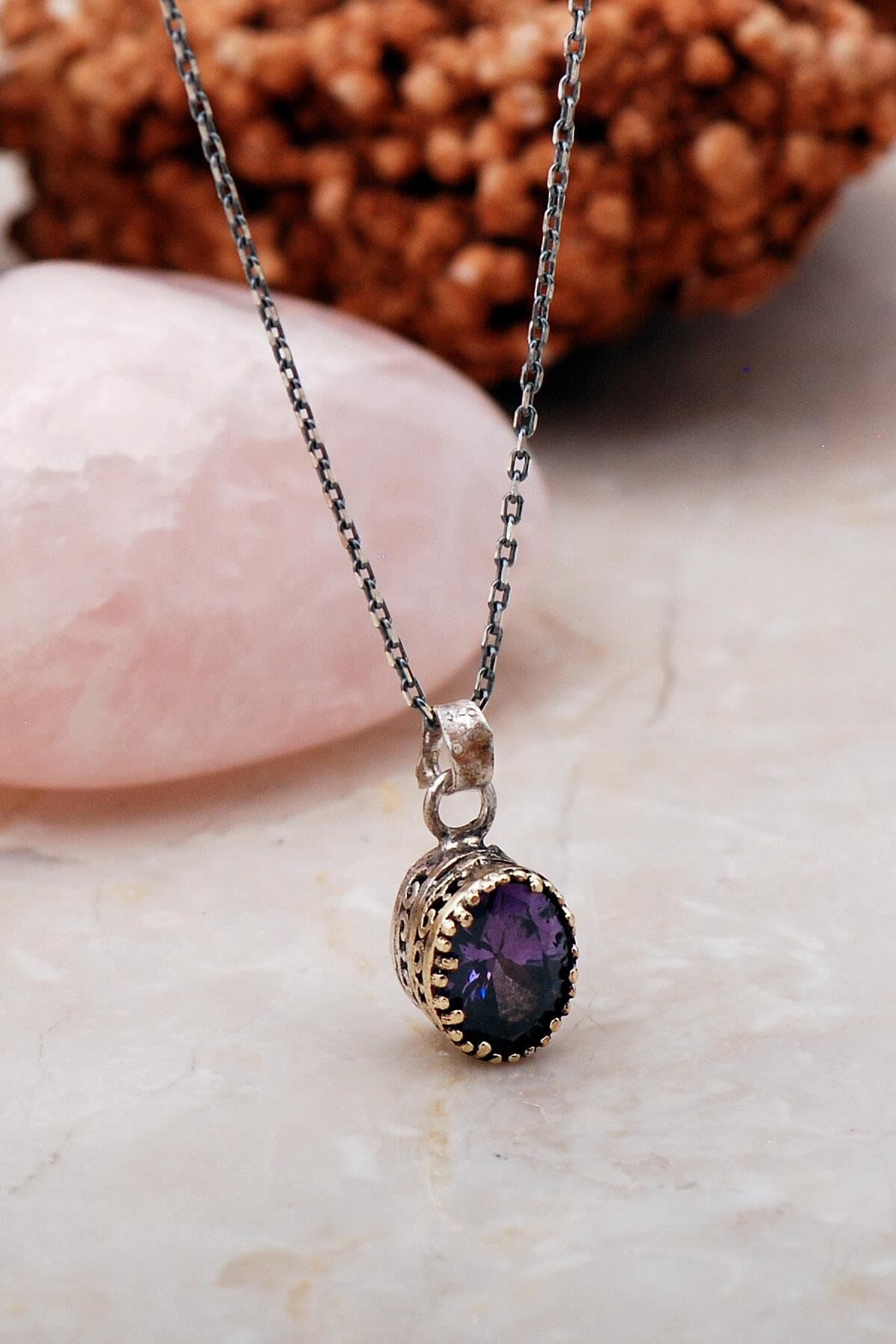 Ametist Taşlı Elişi Gümüş Kolye 6814