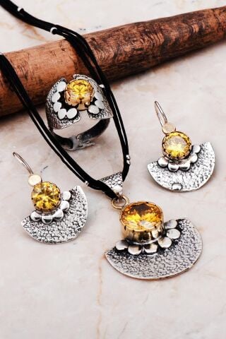 Topaz Taşlı Çekiç Dövme Tasarım Elişi Gümüş Set 2269