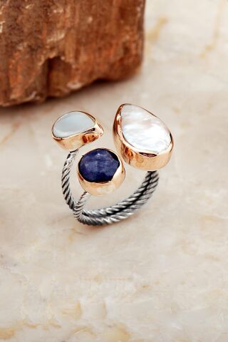 Üç Başlı İnci, Sedef ve Safir Taşlı El Sarması Gümüş Yüzük 5826