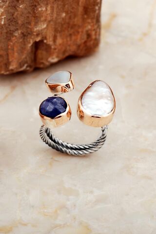 Üç Başlı İnci, Sedef ve Safir Taşlı El Sarması Gümüş Yüzük 5826