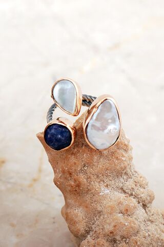 Üç Başlı İnci, Sedef ve Safir Taşlı El Sarması Gümüş Yüzük 5826