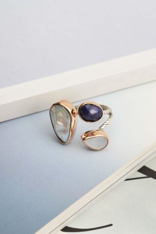 Üç Başlı İnci, Sedef ve Safir Taşlı El Sarması Gümüş Yüzük 5826