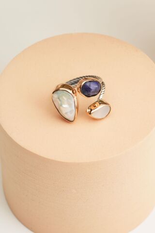 Üç Başlı İnci, Sedef ve Safir Taşlı El Sarması Gümüş Yüzük 5826