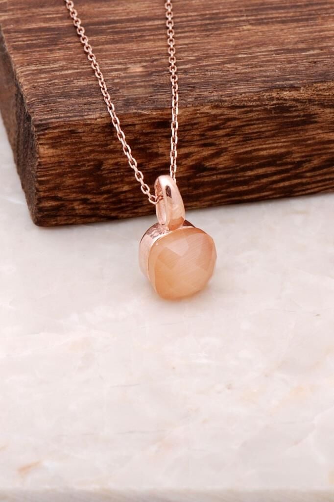 Kedi Gözü Taşlı Rose Gümüş Kolye 1559