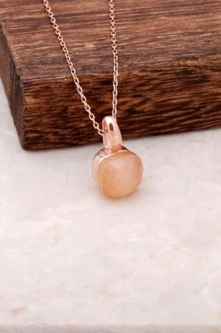 Kedi Gözü Taşlı Rose Gümüş Kolye 1559