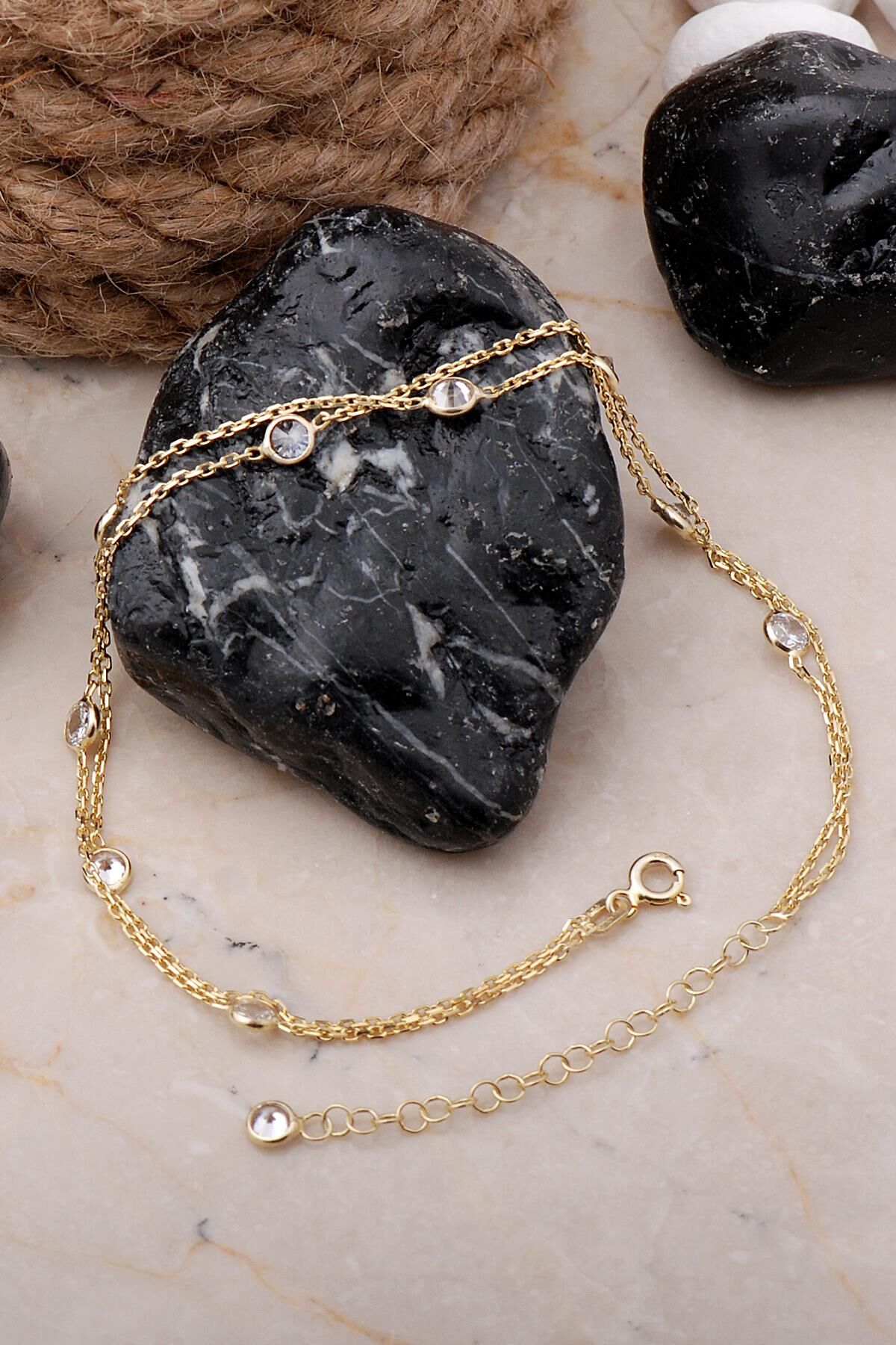 Sıra Taşlı Altın Yaldızlı İkili Gümüş Halhal 315