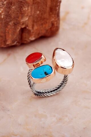 Üç Başlı İnci, Turkuaz ve Mercan Taşlı El Sarması Gümüş Yüzük 5828