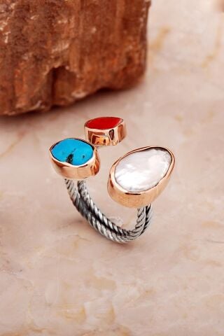 Üç Başlı İnci, Turkuaz ve Mercan Taşlı El Sarması Gümüş Yüzük 5828