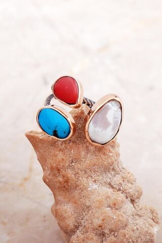 Üç Başlı İnci, Turkuaz ve Mercan Taşlı El Sarması Gümüş Yüzük 5828