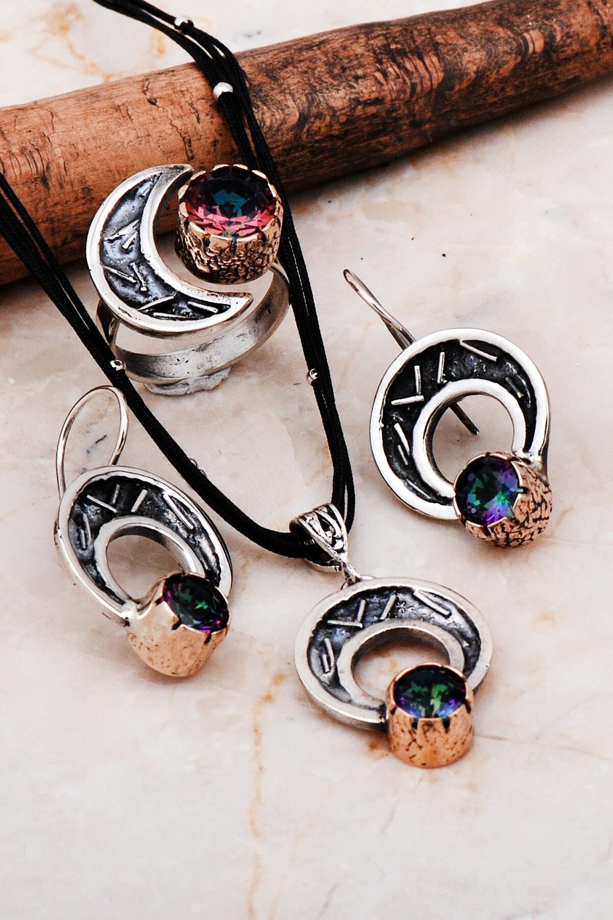 Mistik Topaz Taşlı Elişi Tasarım Gümüş Set 2272