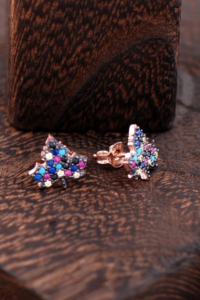 Çınar Ağacı Yaprağı Rose Gümüş Küpe 2395